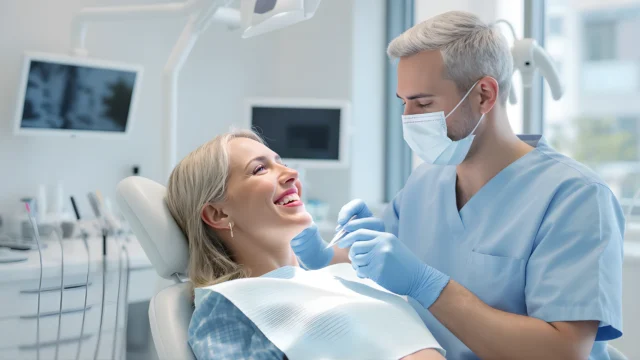 🖼️ 2. Görsel 👩‍⚕️ (Diş hekimi ve gülen hasta) 📍 Kullanım yeri: ➡️ “Behandeling van tandbederf bij DE DRIETAND Dental Clinic” (Tedavi bölümü) Gerekçe: Tedavi sürecinde profesyonel yaklaşım, güven ve hasta memnuniyetini temsil ediyor. Klinik ortamı modern ve temiz olduğu için marka imajını güçlendirir.